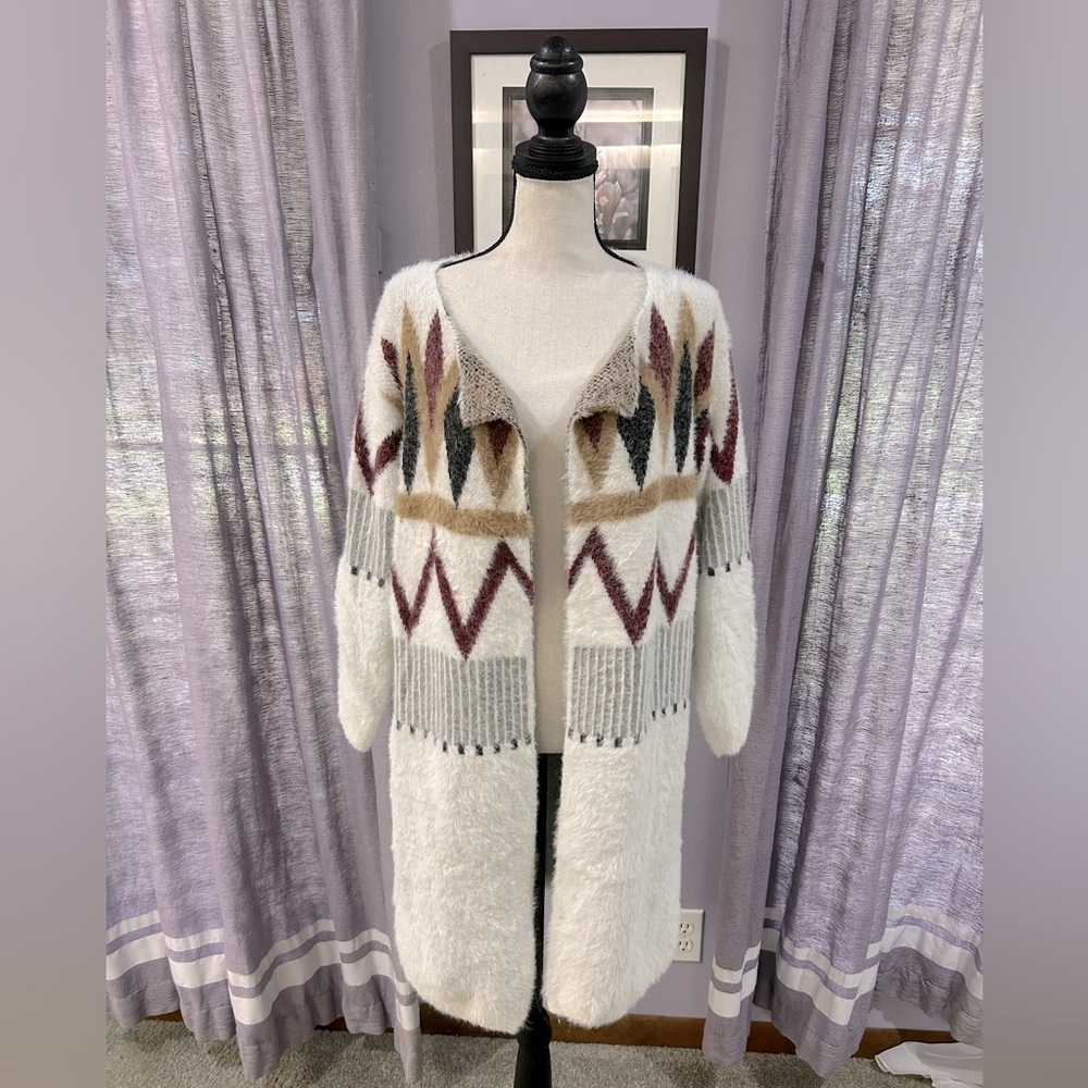Fuzzy Open-Front Aztec Pattern Cardigan Sweater - Ivory
